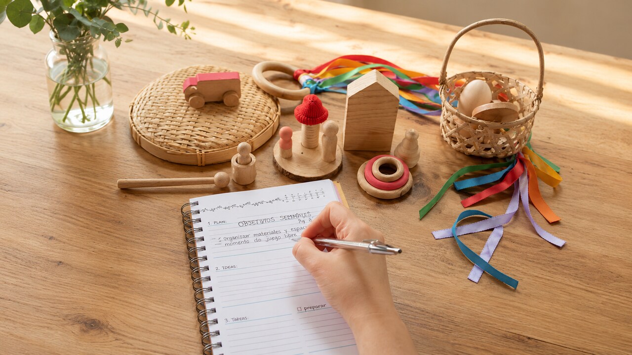 Materiales abiertos de madera y elementos naturales sobre mesa de madera junto a una agenda con notas sobre juego libre